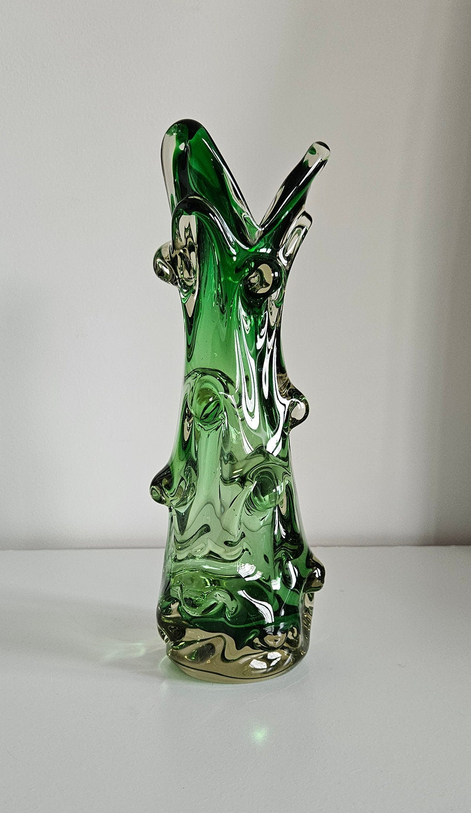 Mid Century Green Knobbly Design Glass Vase
