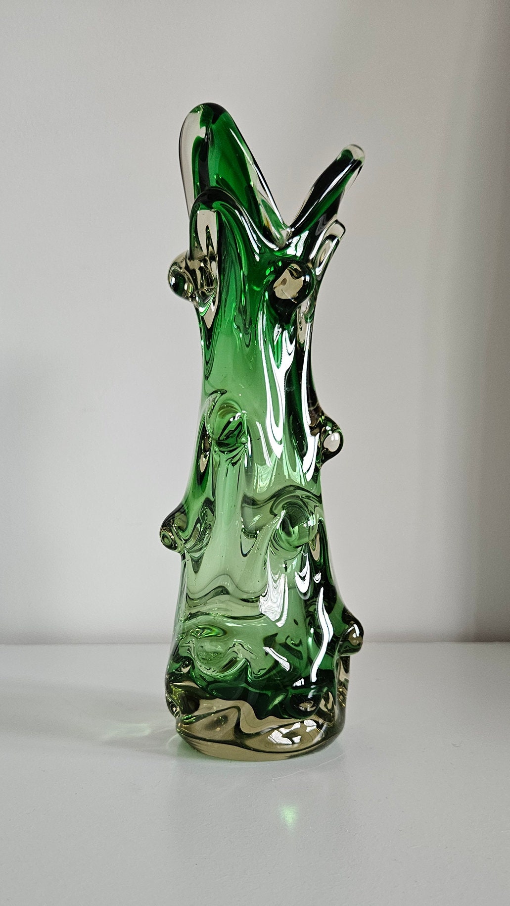 Mid Century Green Knobbly Design Glass Vase