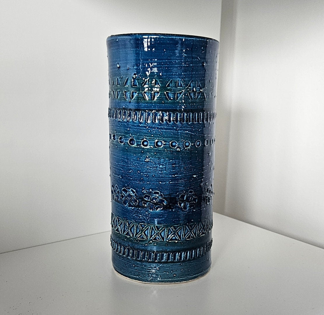 Mid-Century Aldo Londi For Bitossi Blue Rimini Cylinder Vase