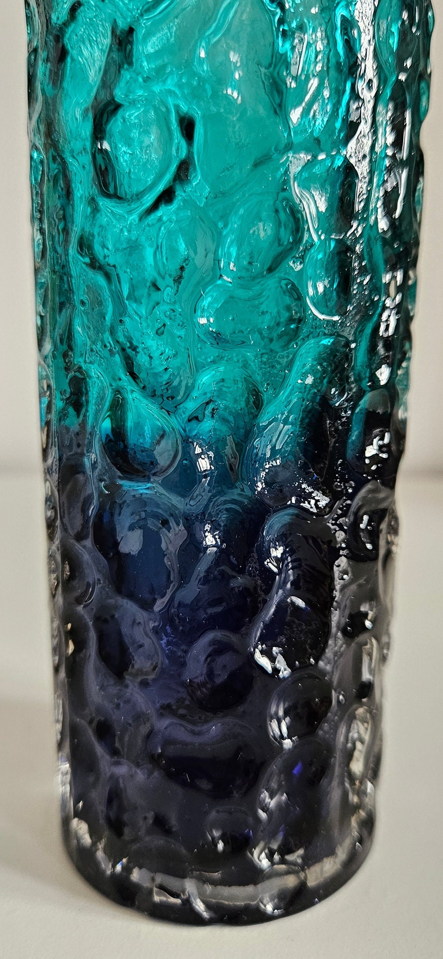 Mid-Century Japanese Textured Bark Blue Glass Vase