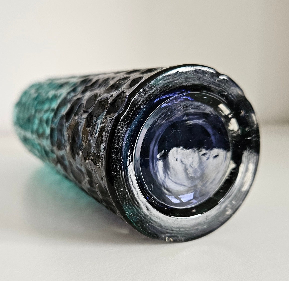 Mid-Century Japanese Textured Bark Blue Glass Vase