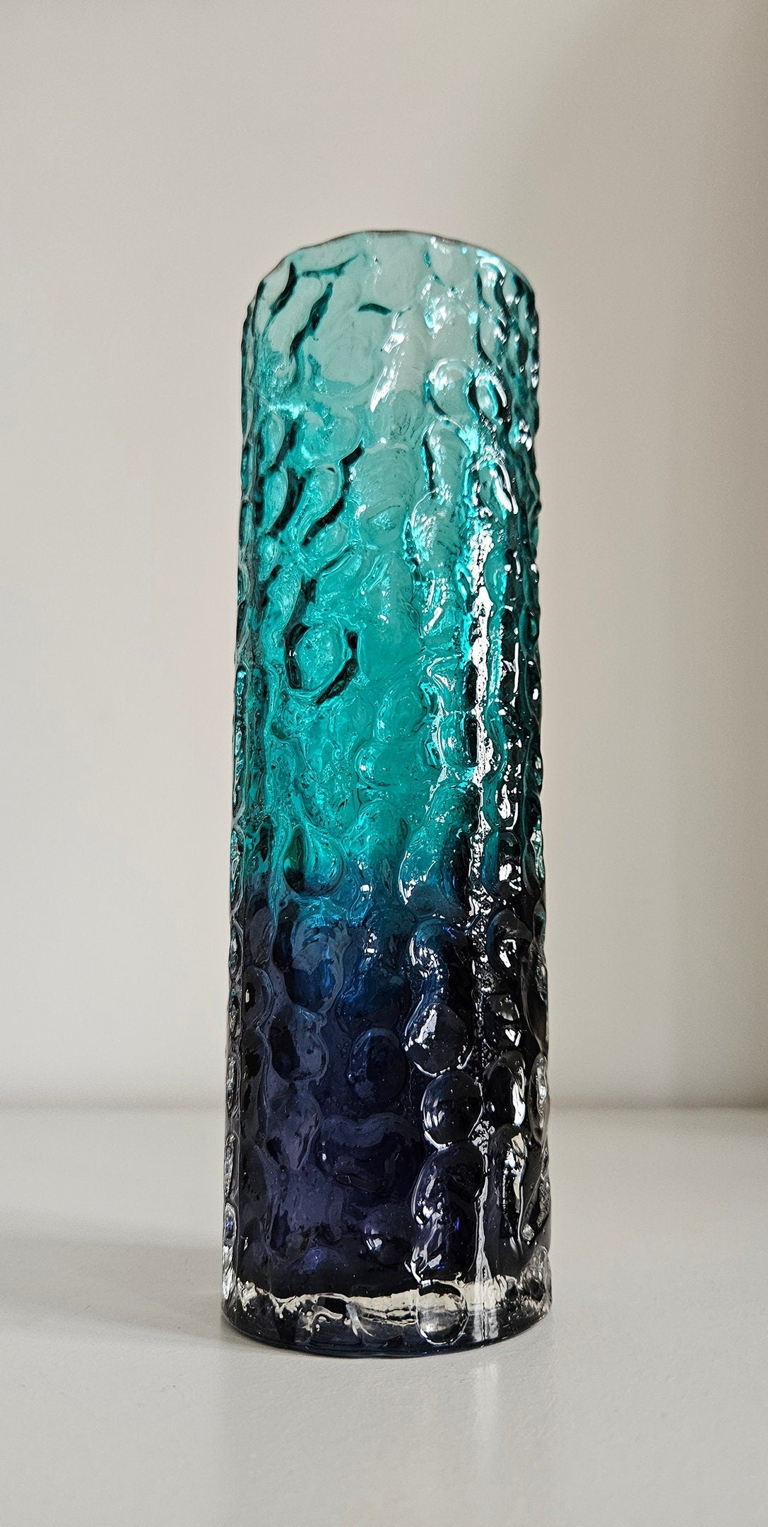 Mid-Century Japanese Textured Bark Blue Glass Vase