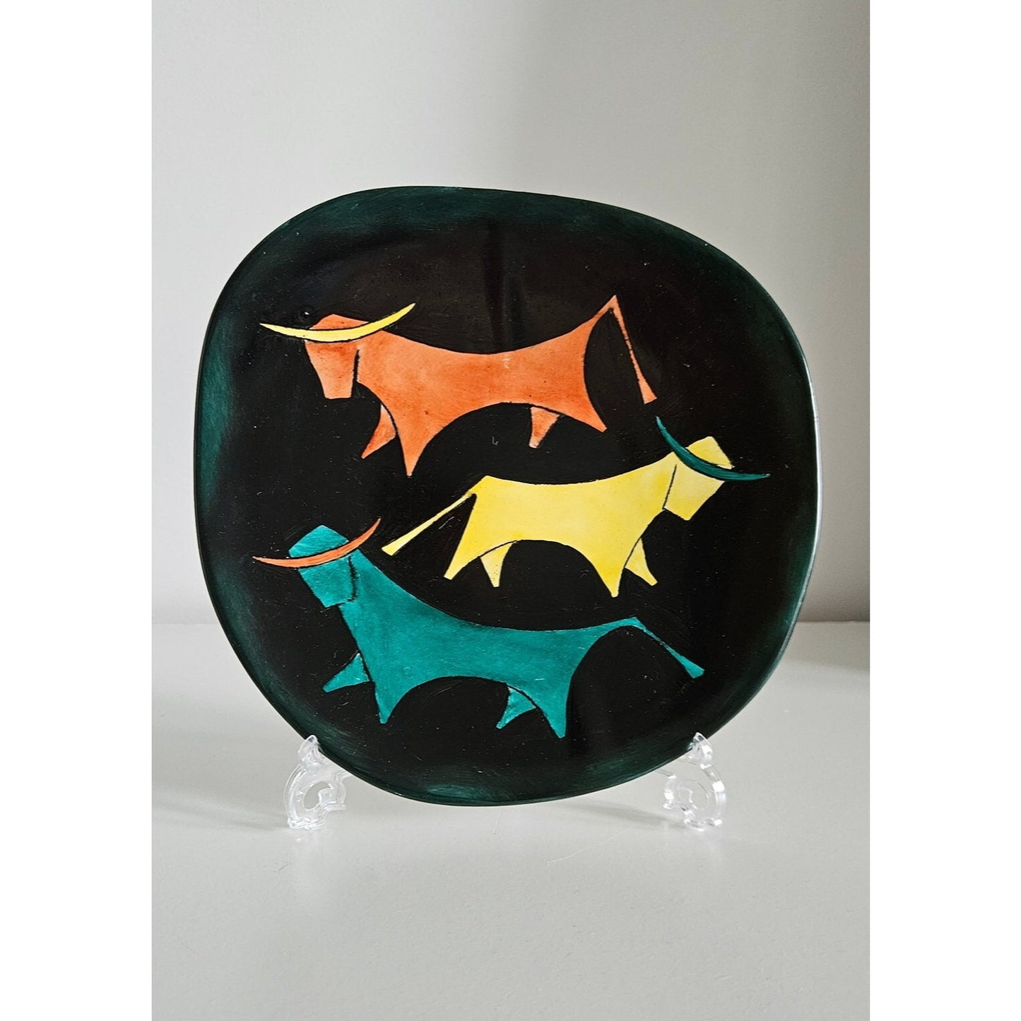 Rare Mid-Century Ceramic Wall Plate With Three Bulls