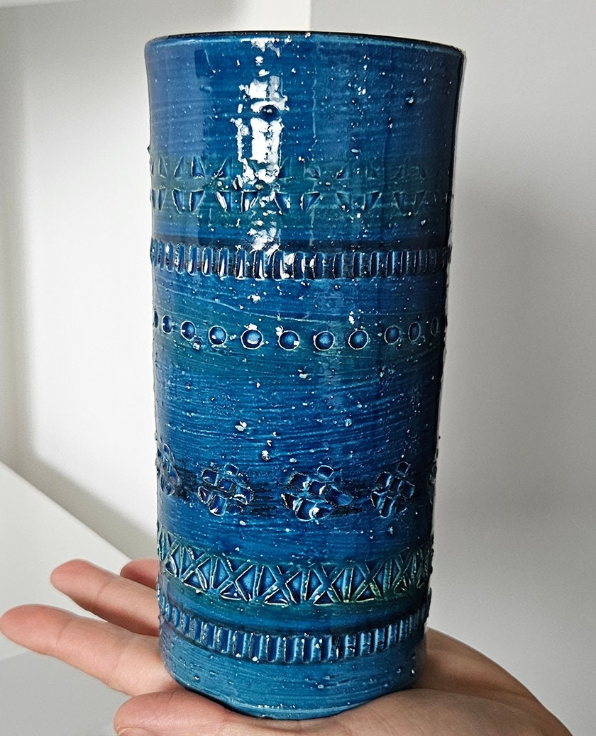 Mid-Century Aldo Londi For Bitossi Blue Rimini Cylinder Vase