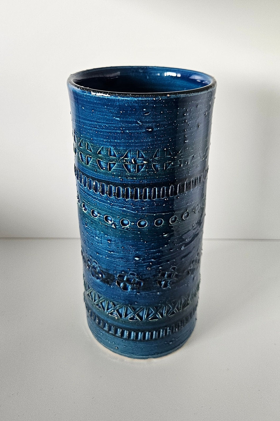Mid-Century Aldo Londi For Bitossi Blue Rimini Cylinder Vase