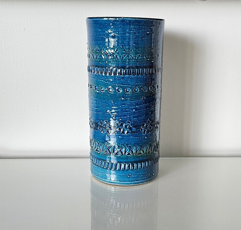 Mid-Century Aldo Londi For Bitossi Blue Rimini Cylinder Vase