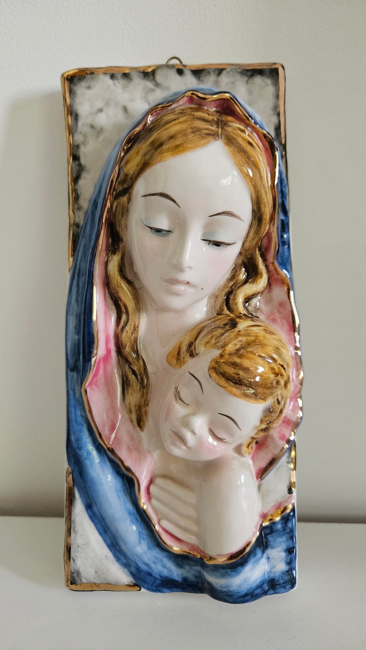 Vintage Italian Virgin Mary & Baby Jesus Wall Plaque