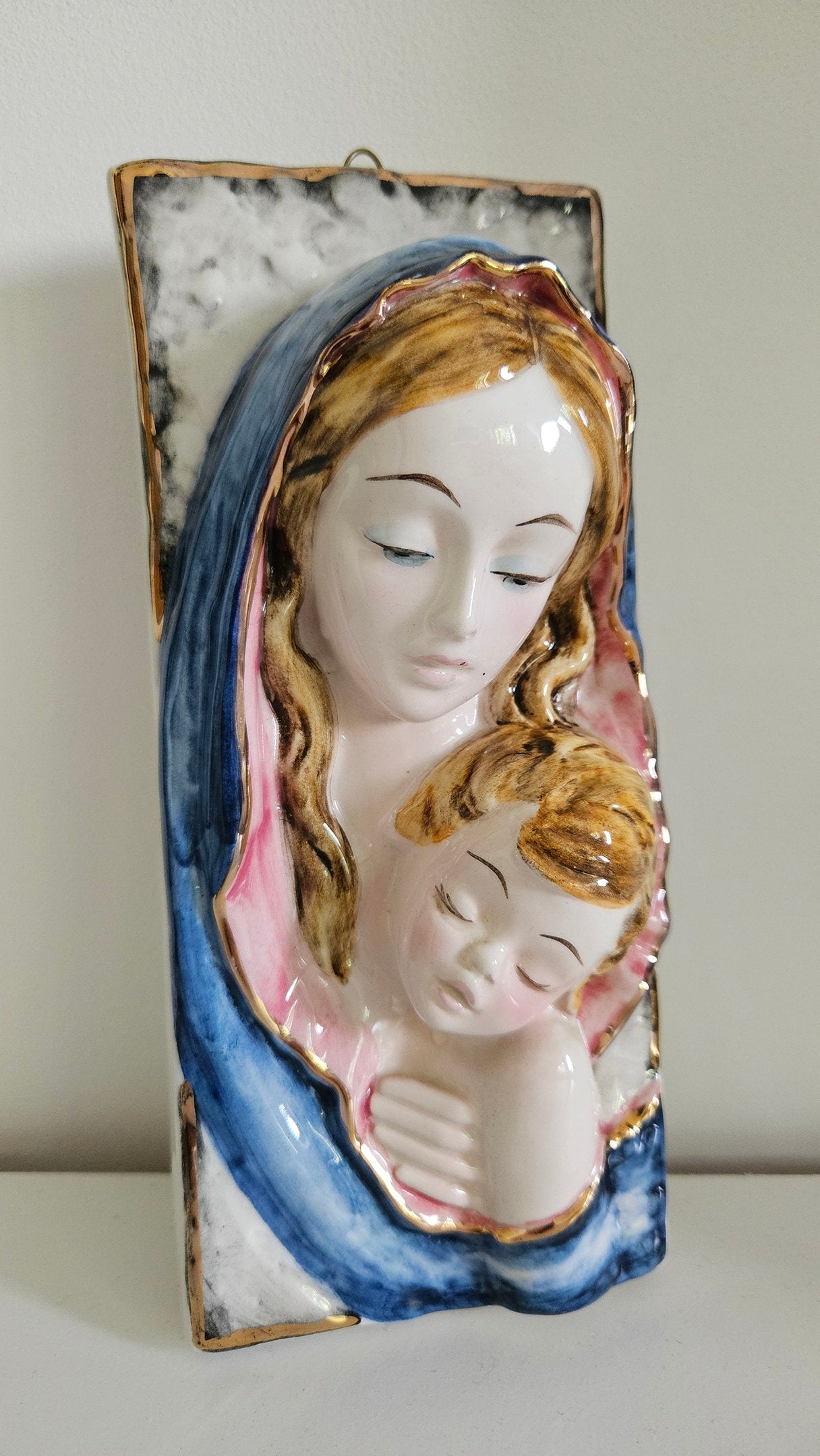 Vintage Italian Virgin Mary & Baby Jesus Wall Plaque