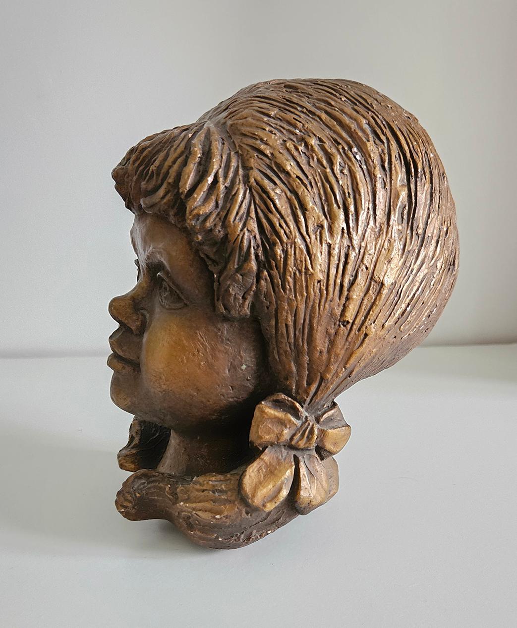 Vintage Sculpture Of A Young Girl’s Head With Bow In Hair