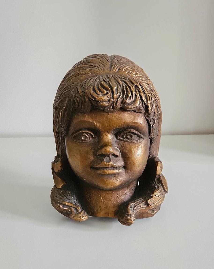 Vintage Sculpture Of A Young Girl’s Head With Bow In Hair