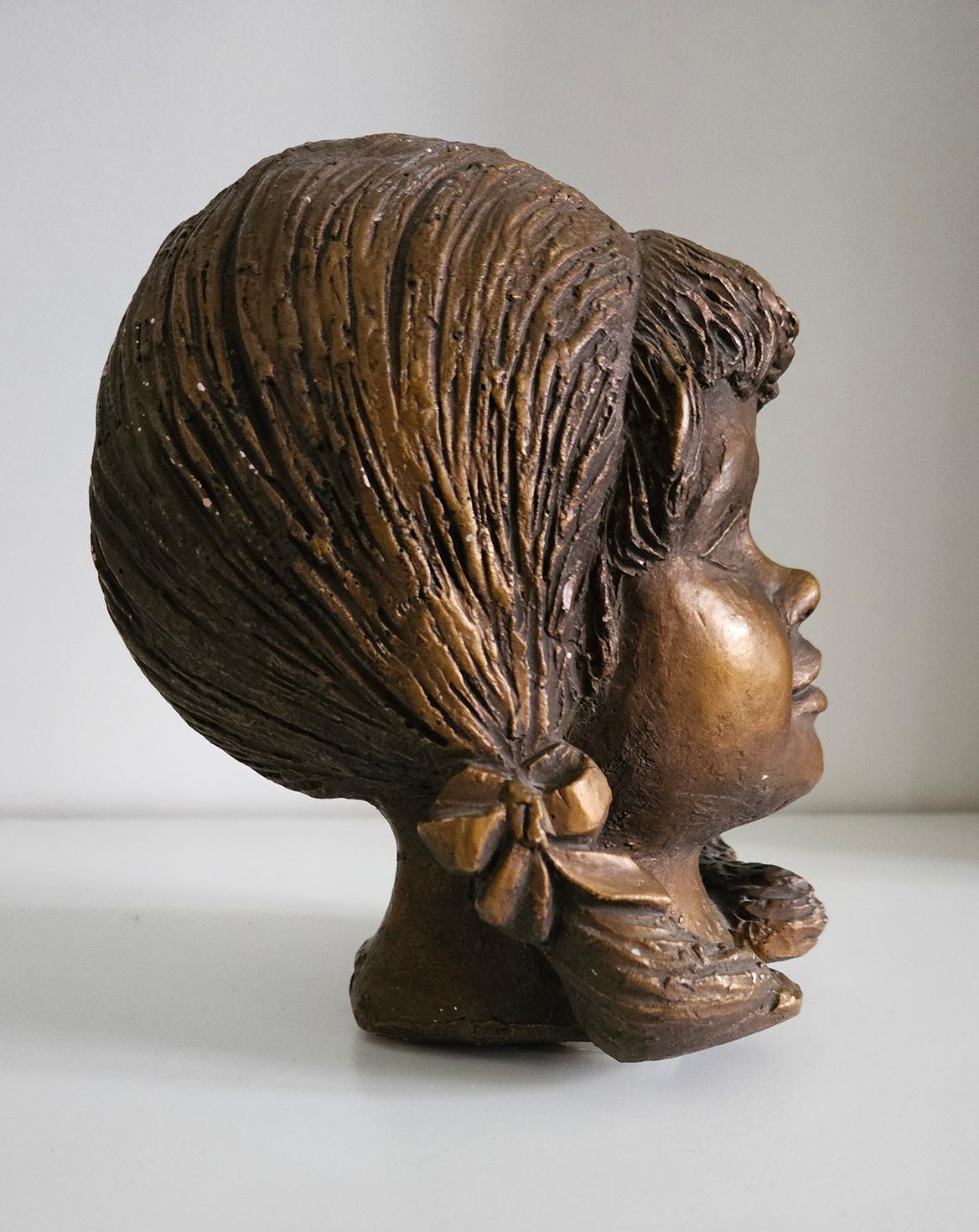 Vintage Sculpture Of A Young Girl’s Head With Bow In Hair