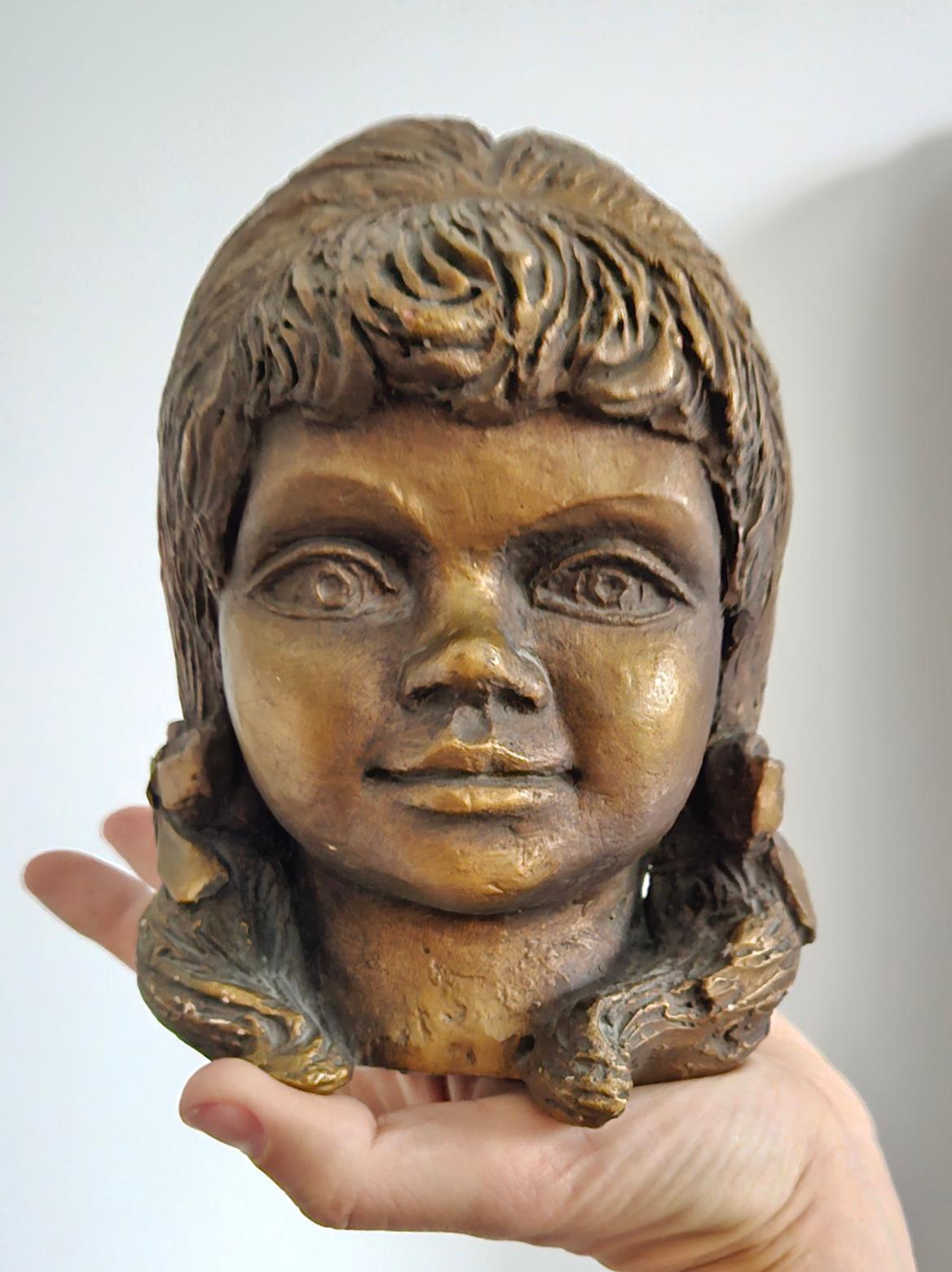 Vintage Sculpture Of A Young Girl’s Head With Bow In Hair