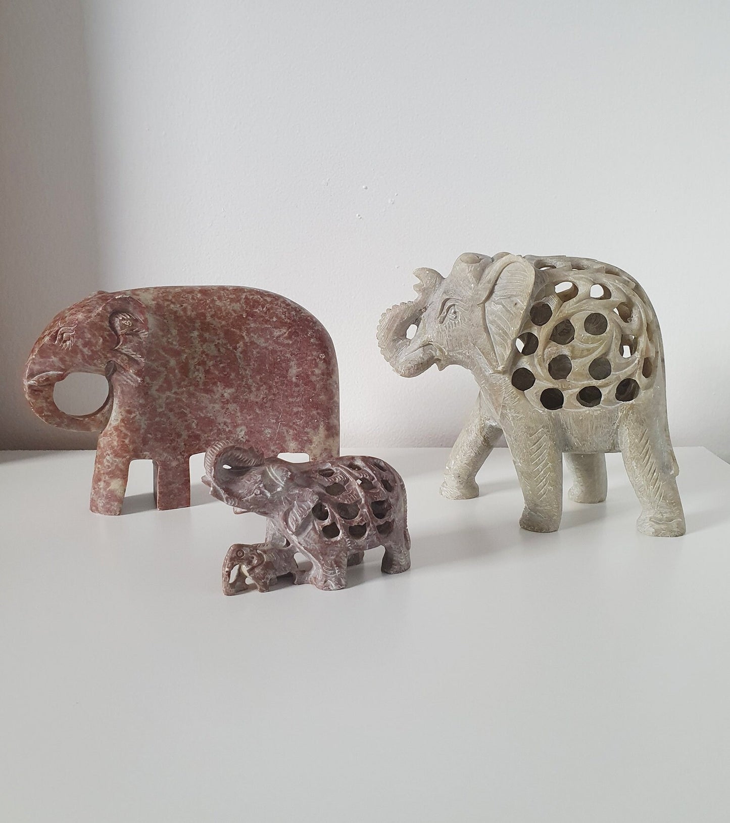 Vintage Hand Carved Soapstone Elephant Sculptures, Figurines