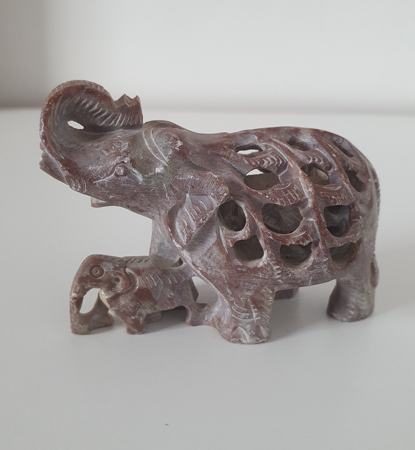 Vintage Hand Carved Soapstone Elephant Sculptures, Figurines
