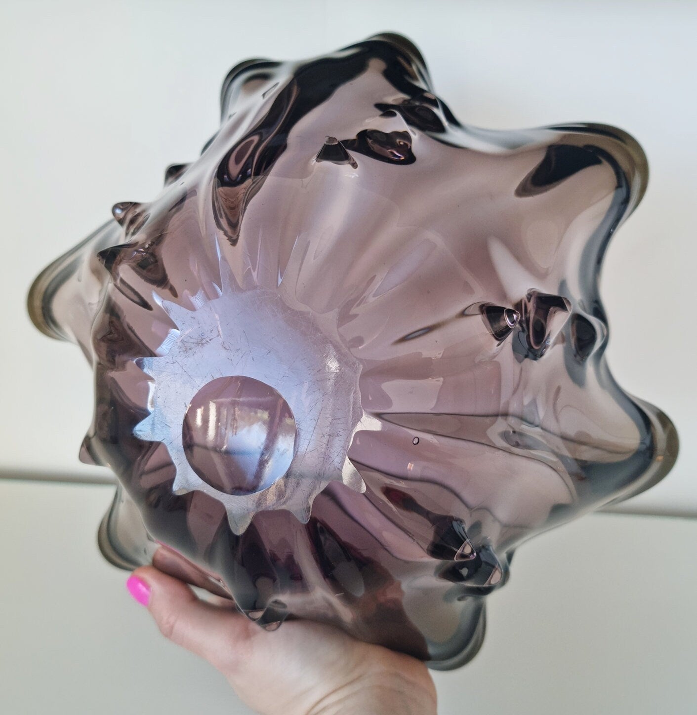Mid-Century Wavy Asymetrical Purple & Brown Art Glass Bowl