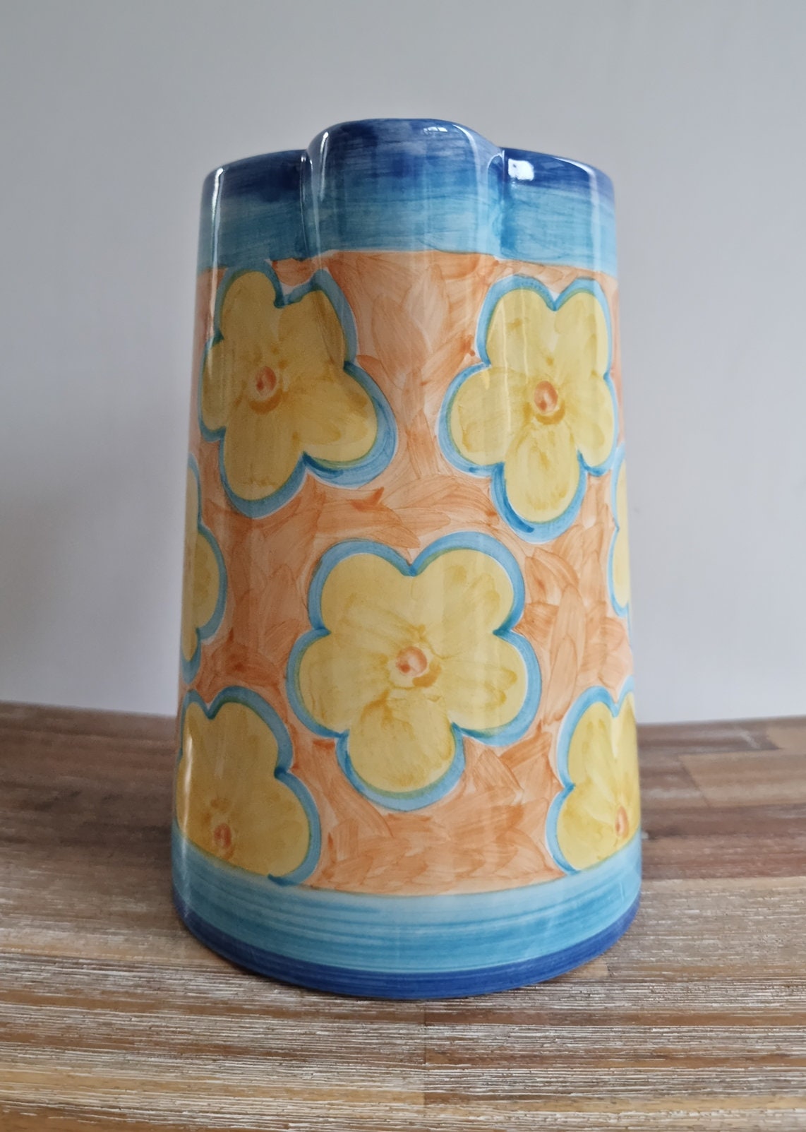 Retro Large Hand Painted Ceramic Pitcher In Floral Design