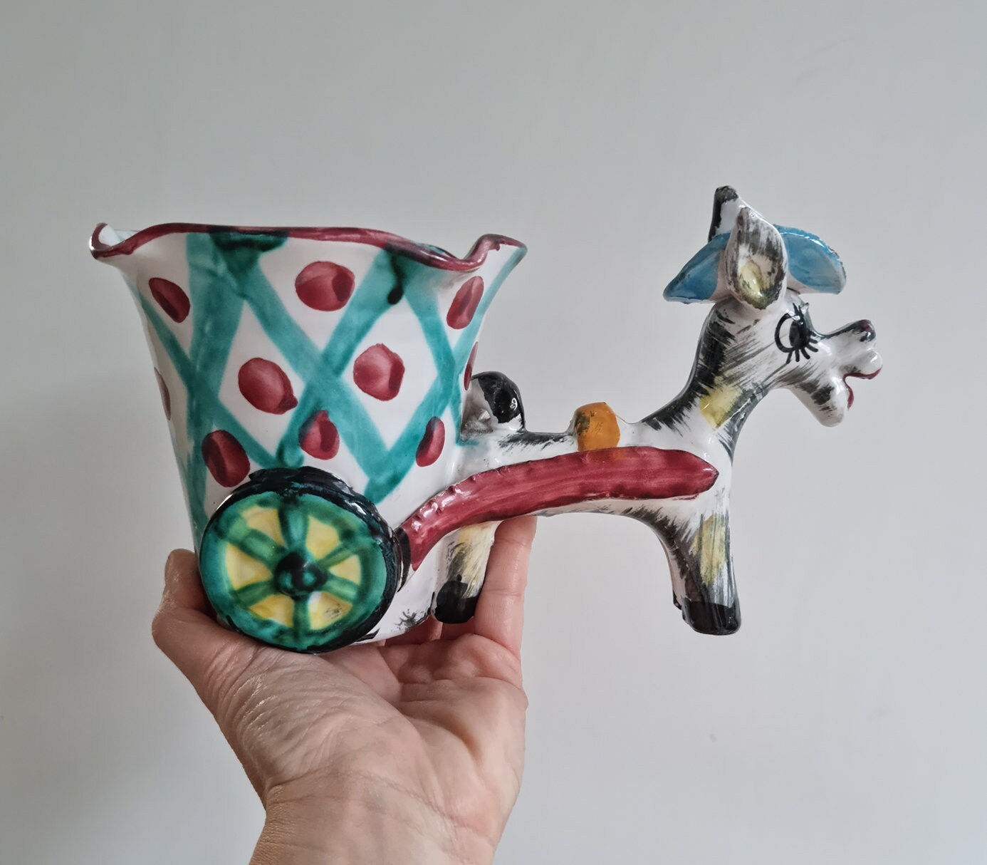 Vintage Italian Majolica Donkey & Cart Ceramic Planter