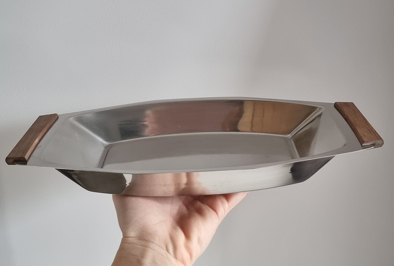 Mid-Century Stainless Steel Serving Dish Tray With Wooden Handles