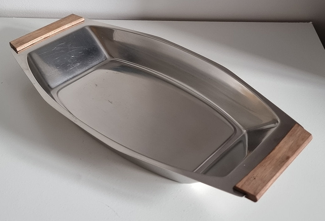 Mid-Century Stainless Steel Serving Dish Tray With Wooden Handles