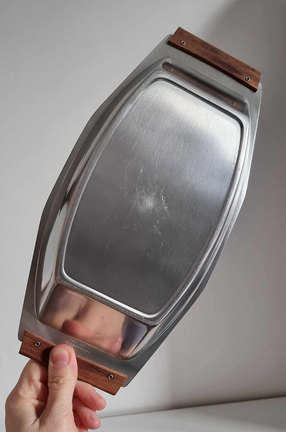 Mid-Century Stainless Steel Serving Dish Tray With Wooden Handles