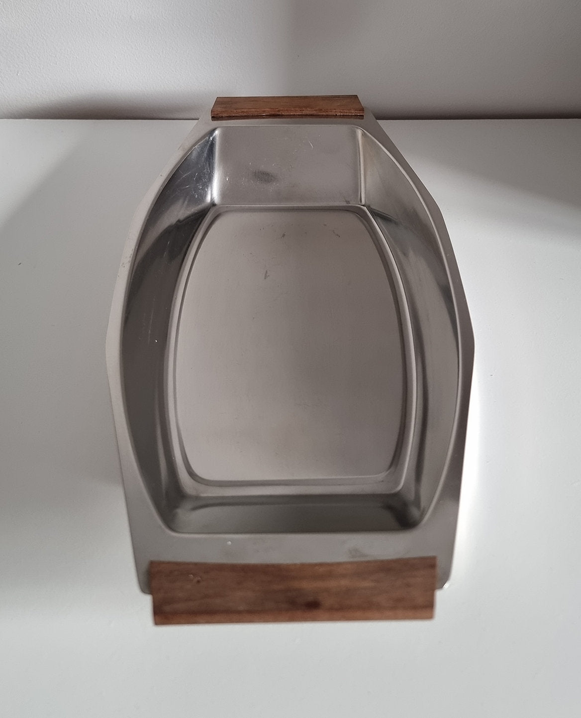 Mid-Century Stainless Steel Serving Dish Tray With Wooden Handles