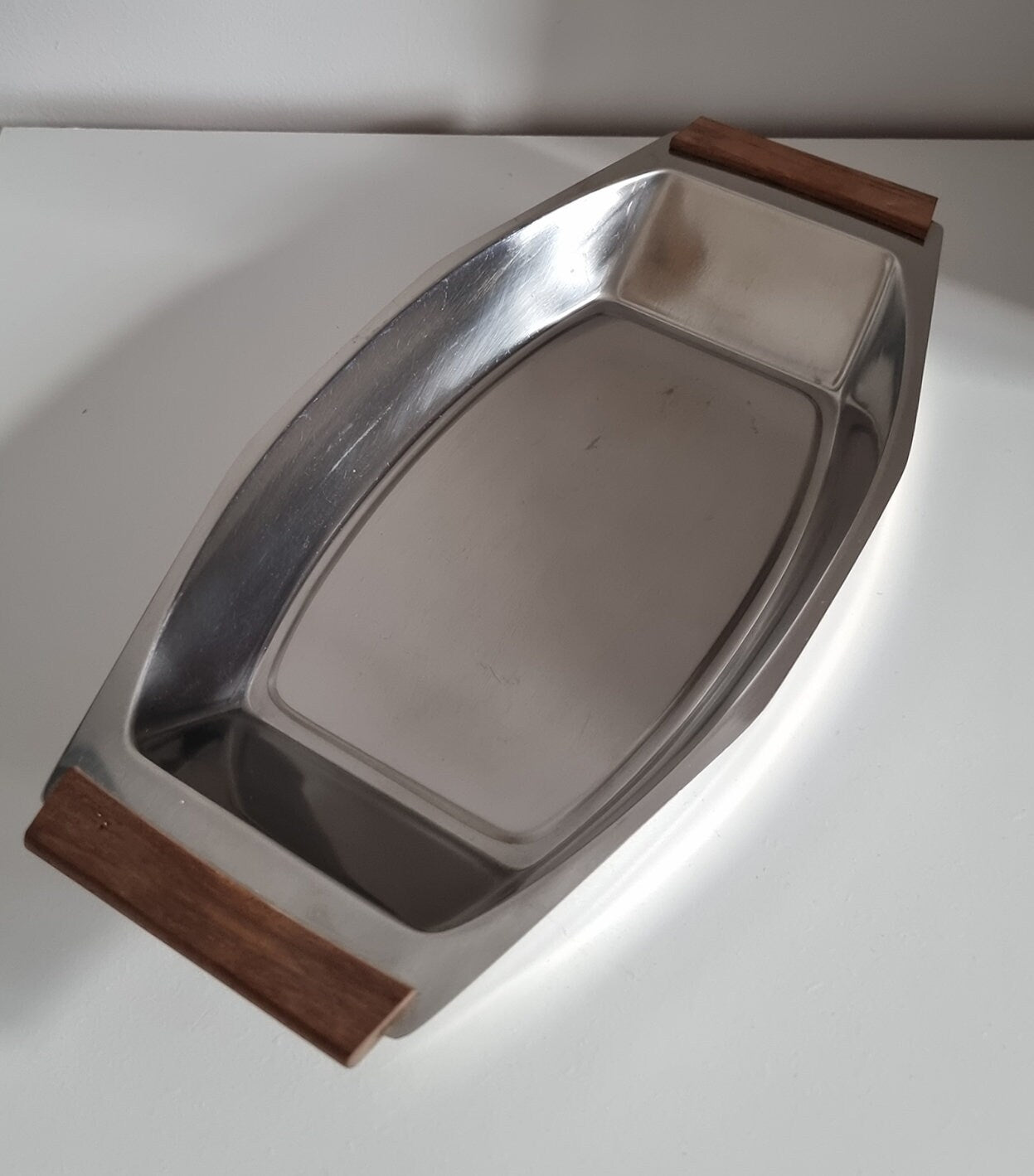 Mid-Century Stainless Steel Serving Dish Tray With Wooden Handles