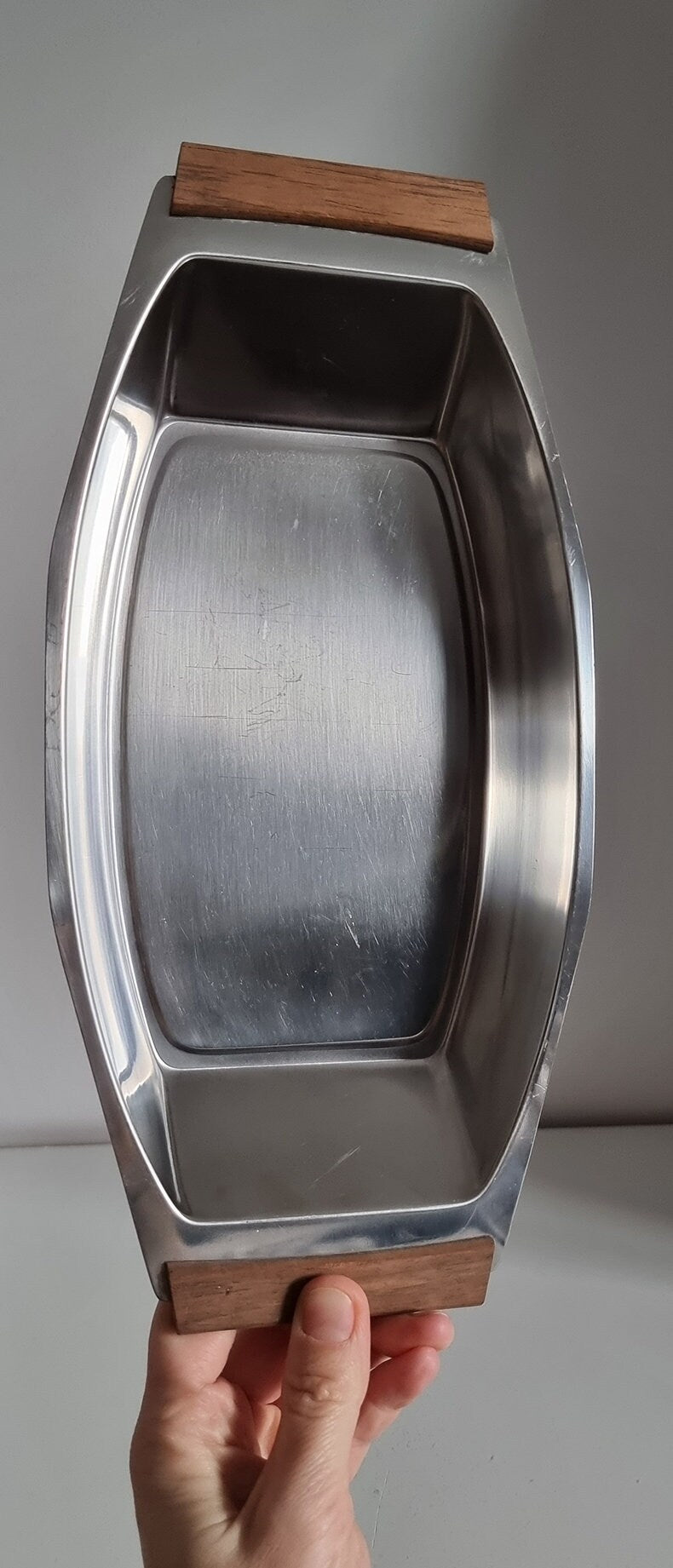 Mid-Century Stainless Steel Serving Dish Tray With Wooden Handles