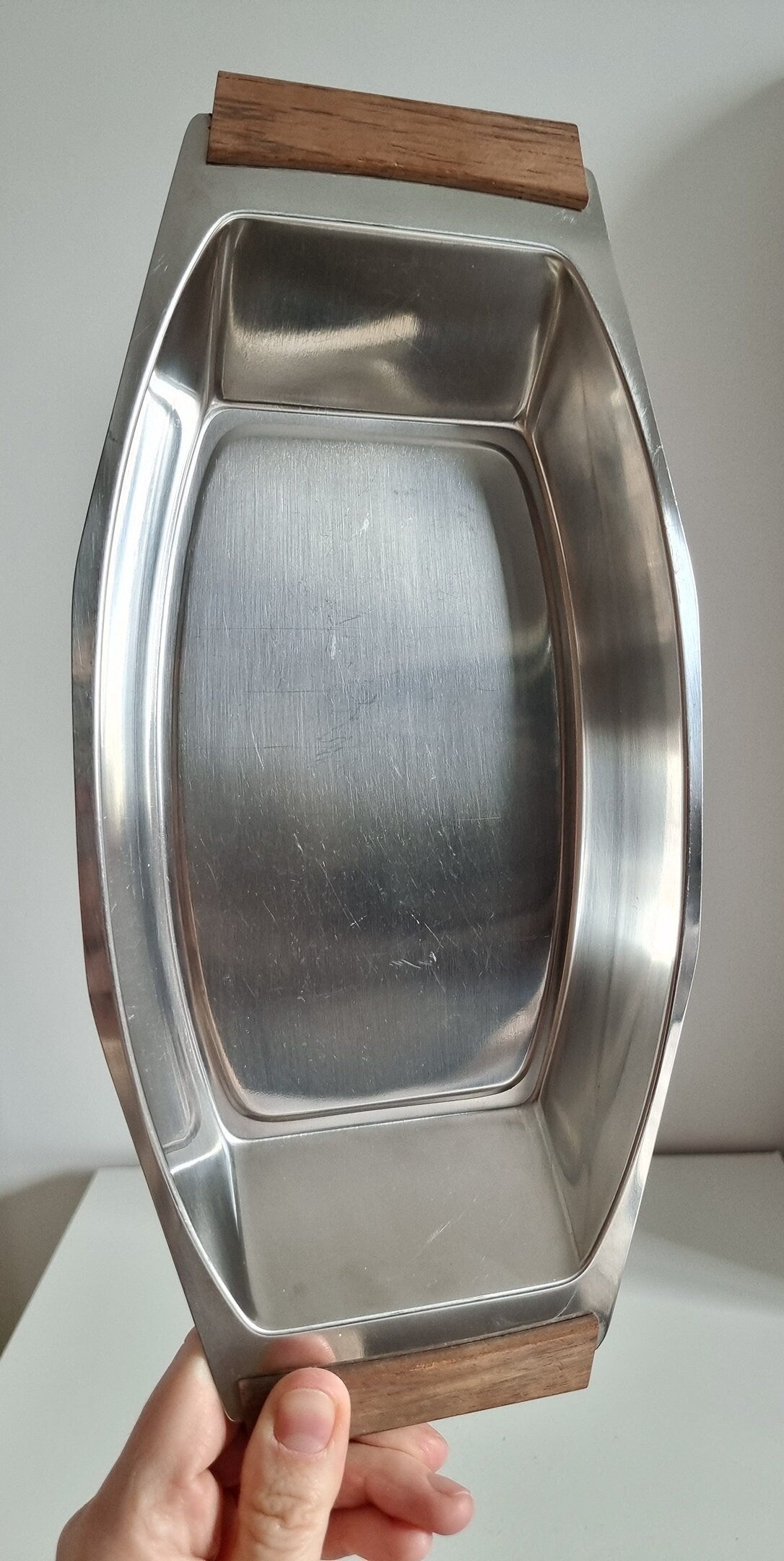 Mid-Century Stainless Steel Serving Dish Tray With Wooden Handles