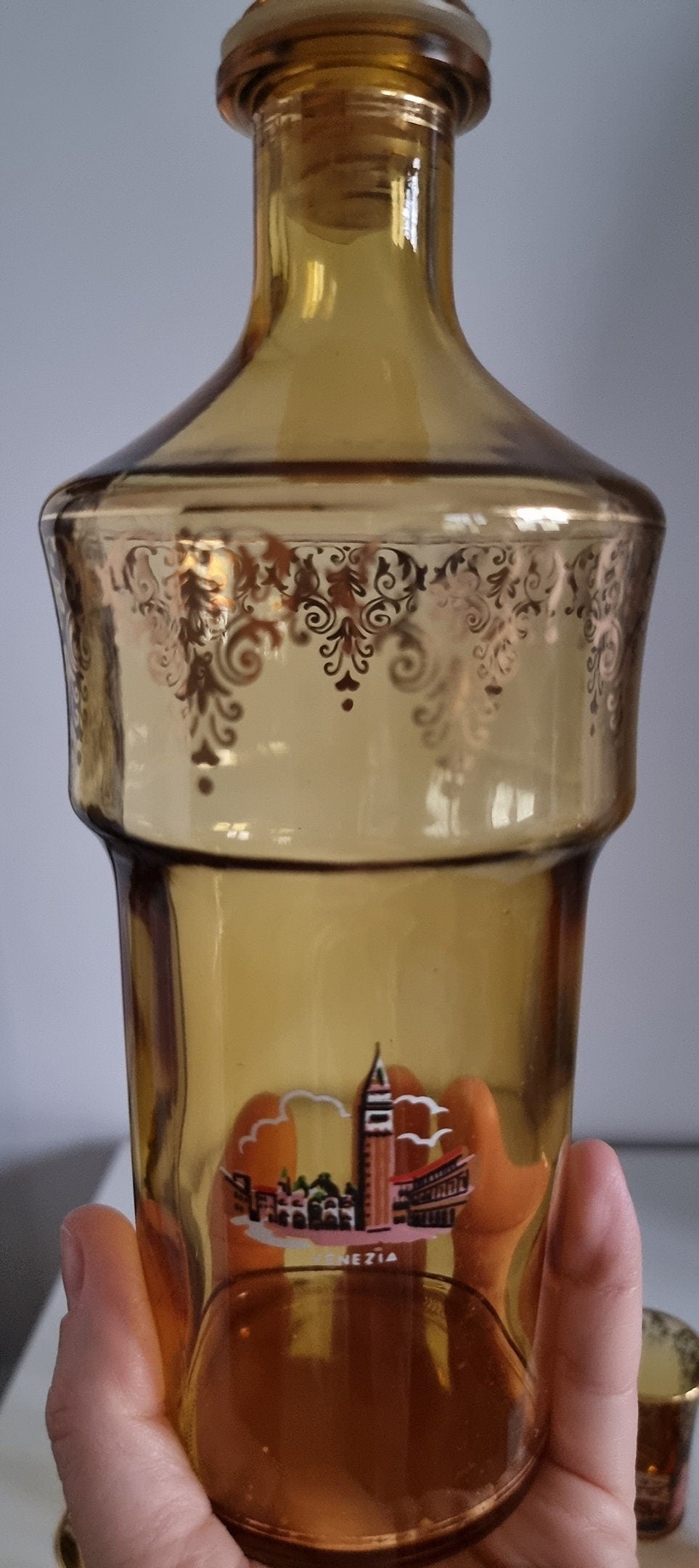 Mid-Century Venetian Amber Glass Decanter & Shot Glasses