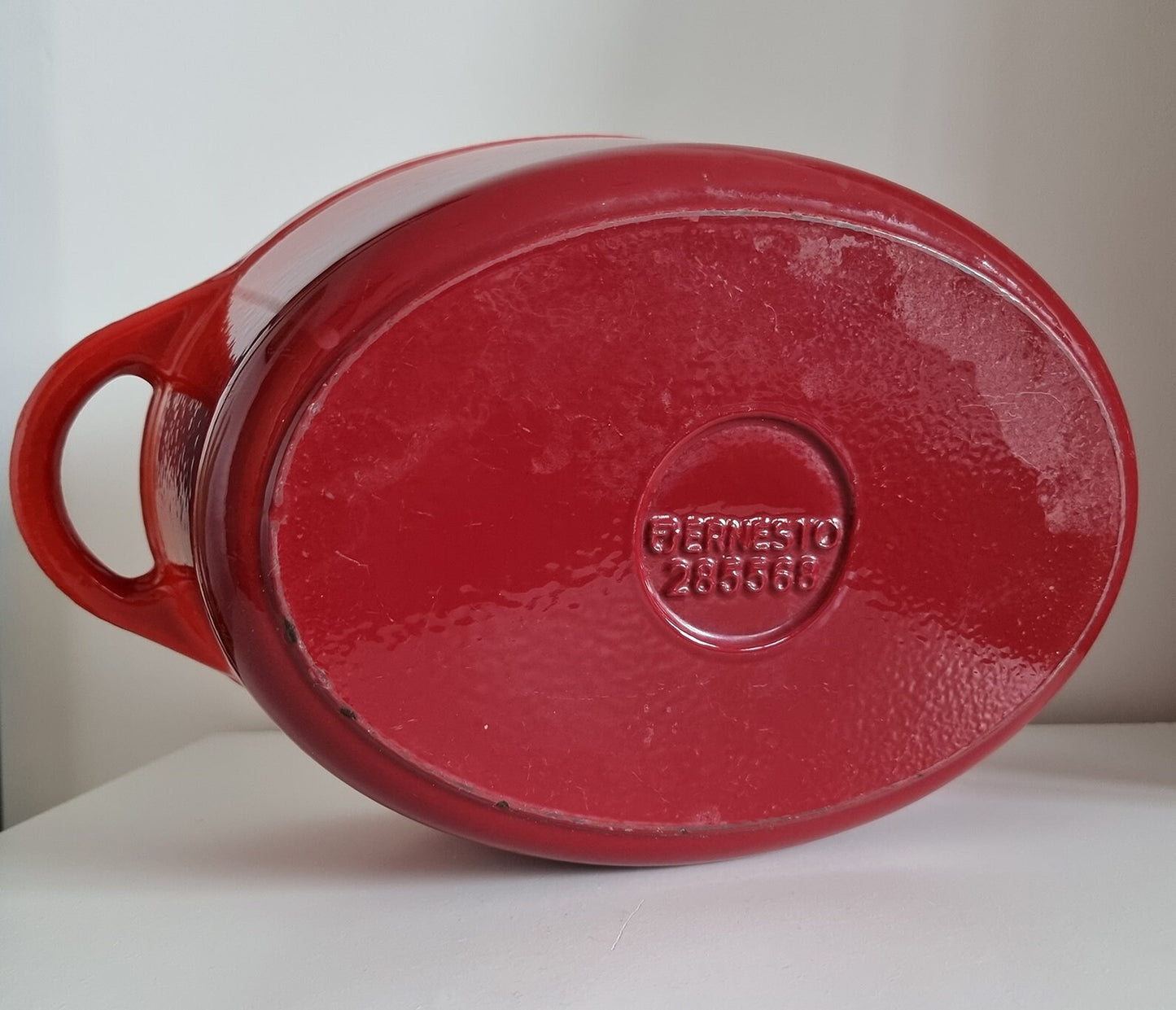 Large & Heavy Vintage Ernesto Cast Iron Enamelled Casserole Lidded Oven Dish In Red