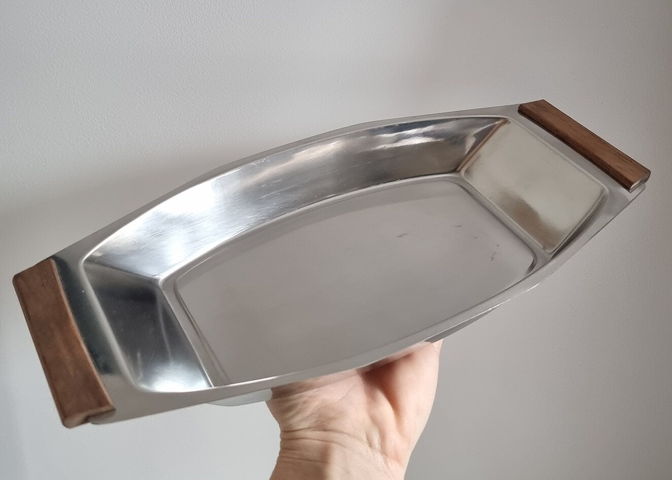 Mid-Century Stainless Steel Serving Dish Tray With Wooden Handles