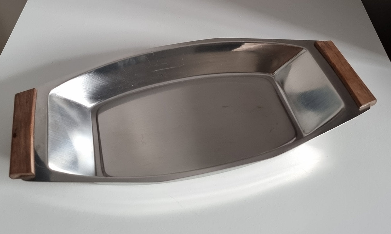 Mid-Century Stainless Steel Serving Dish Tray With Wooden Handles