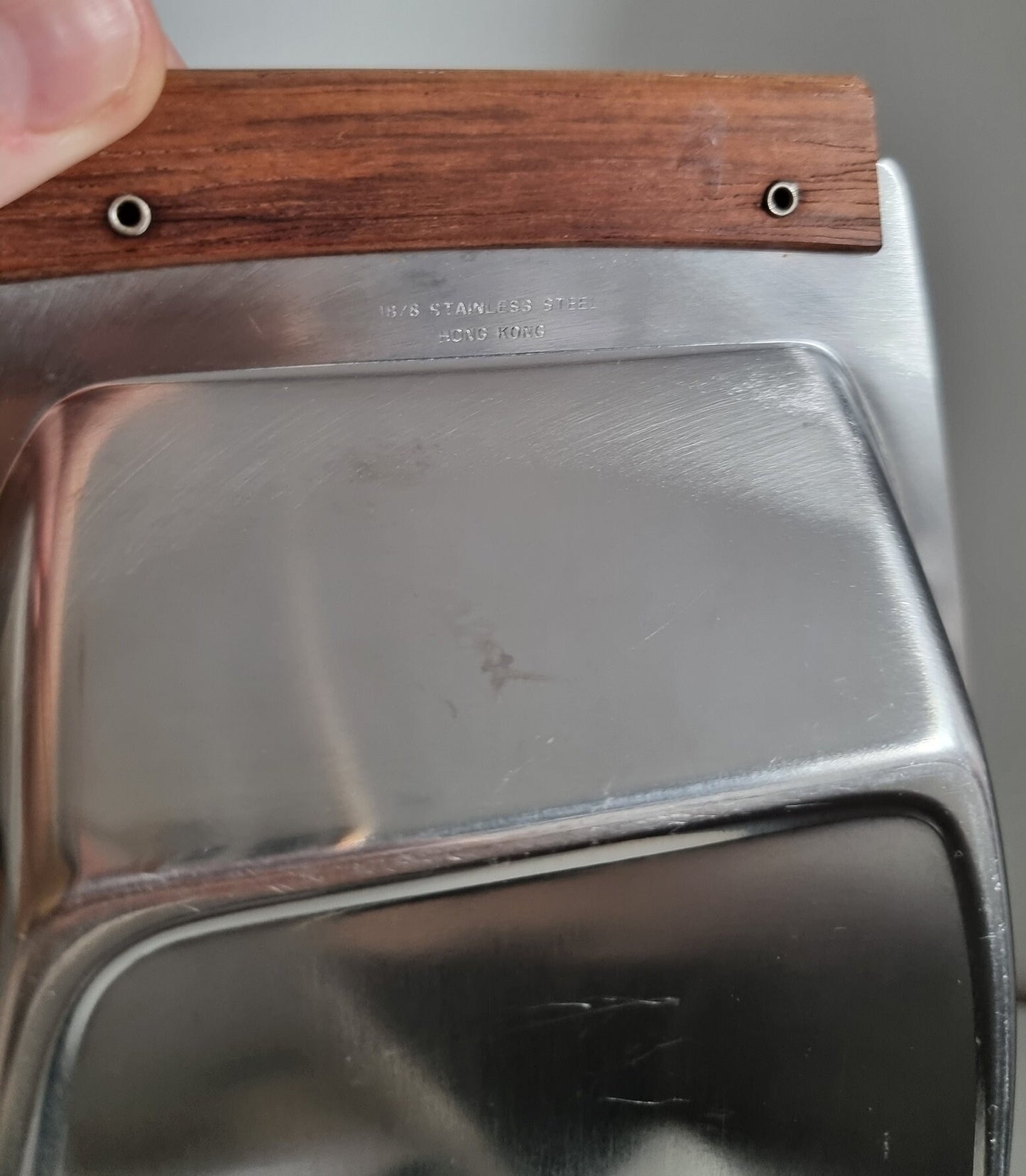 Mid-Century Stainless Steel Serving Dish Tray With Wooden Handles
