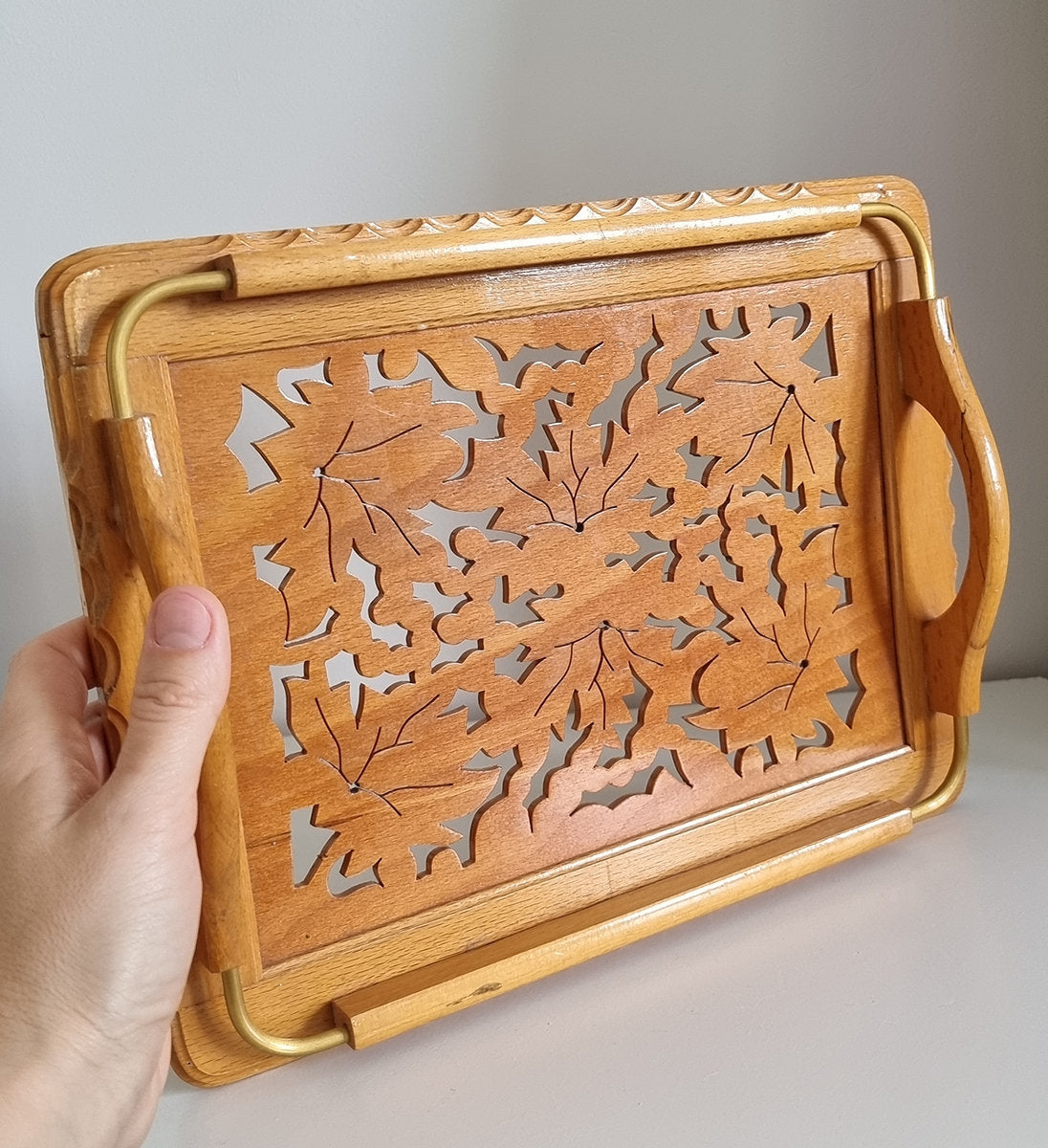 Vintage Carved Wooden Serving Tray With Handles