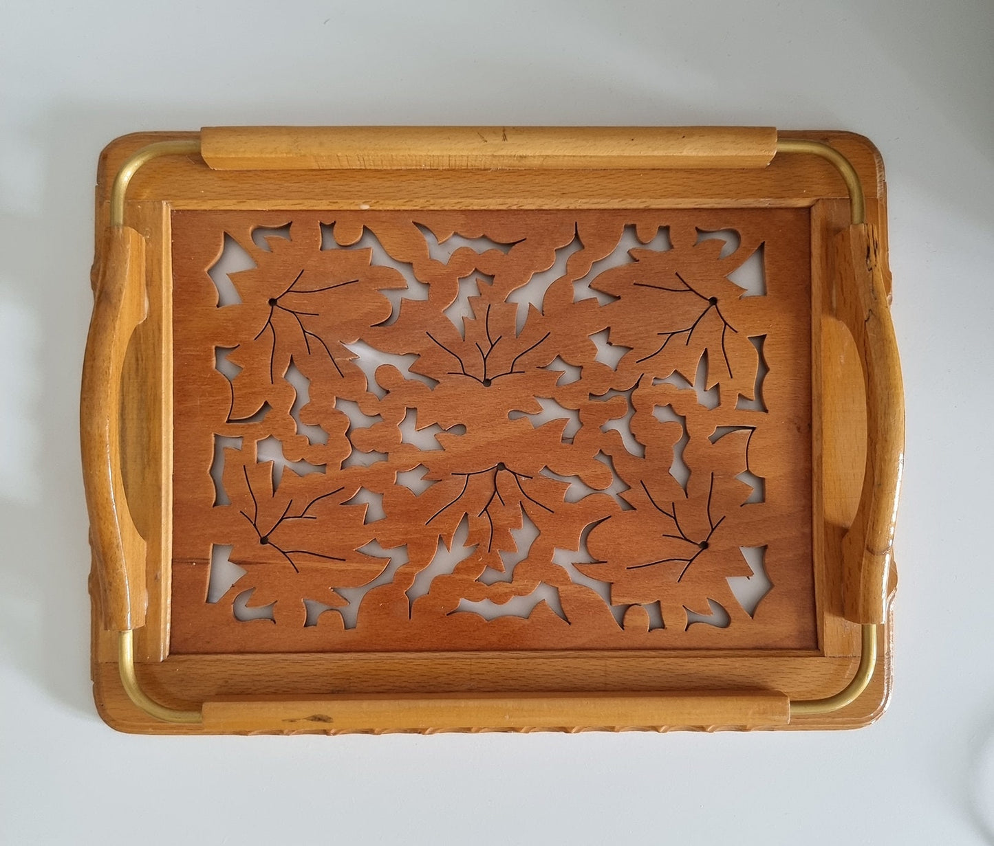 Vintage Carved Wooden Serving Tray With Handles
