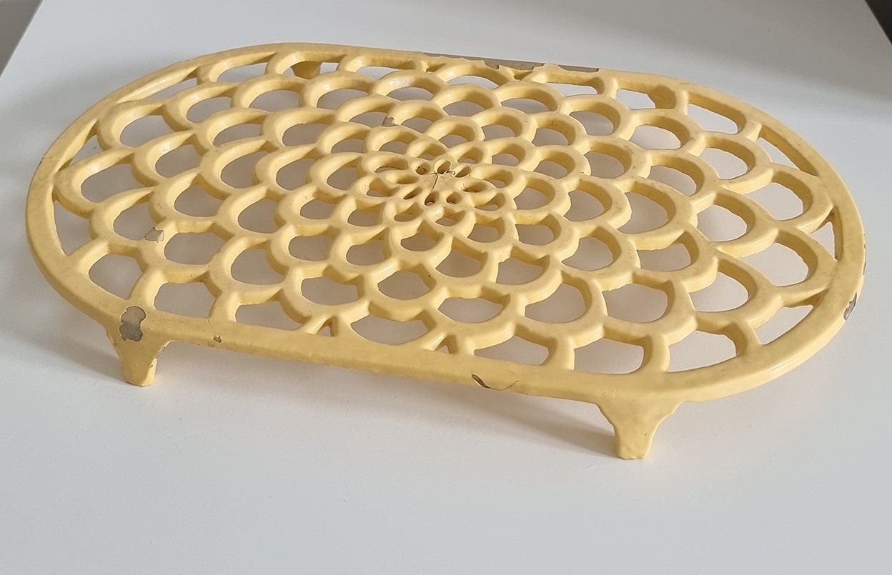 Vintage Pastel Yellow Oval Cast Iron Trivet