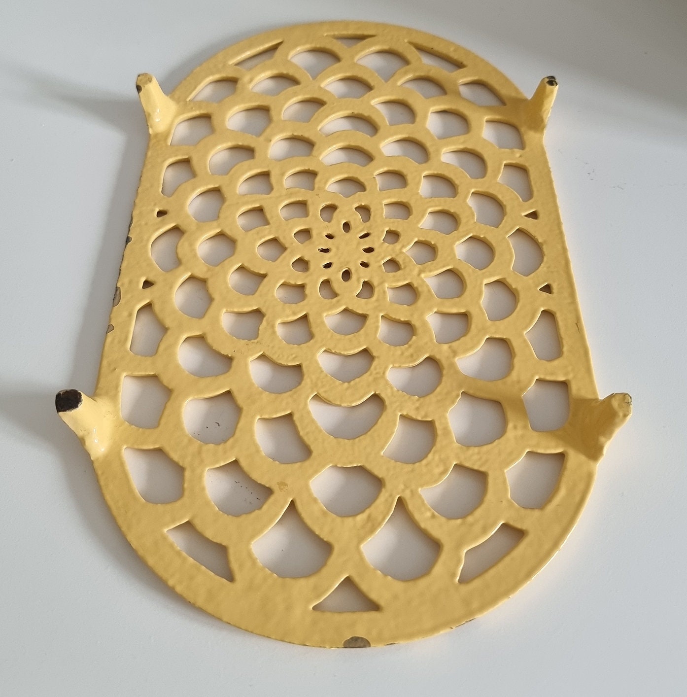 Vintage Pastel Yellow Oval Cast Iron Trivet