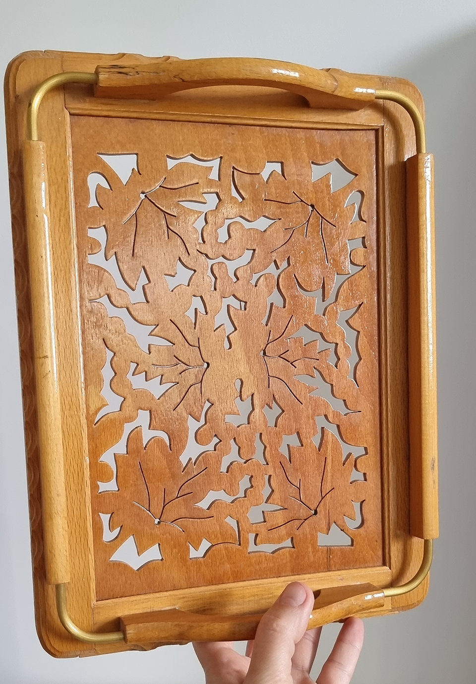Vintage Carved Wooden Serving Tray With Handles