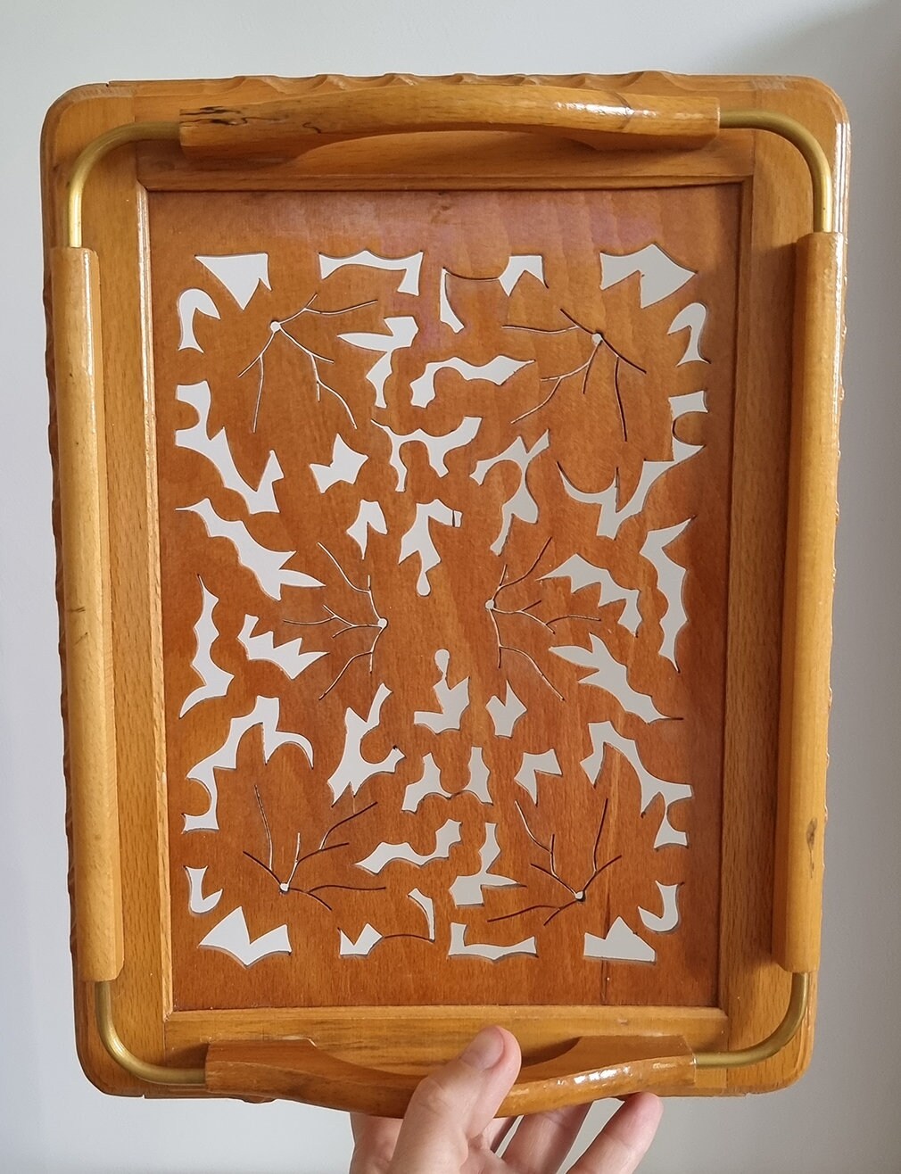 Vintage Carved Wooden Serving Tray With Handles