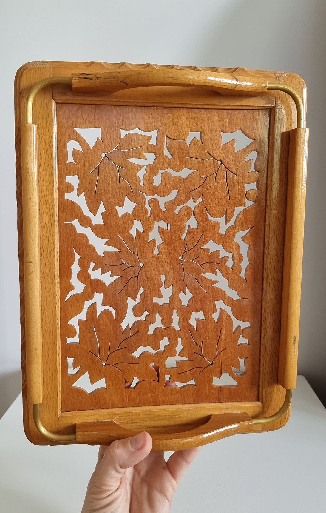 Vintage Carved Wooden Serving Tray With Handles
