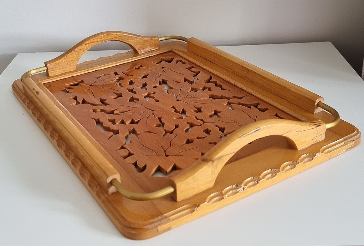 Vintage Carved Wooden Serving Tray With Handles