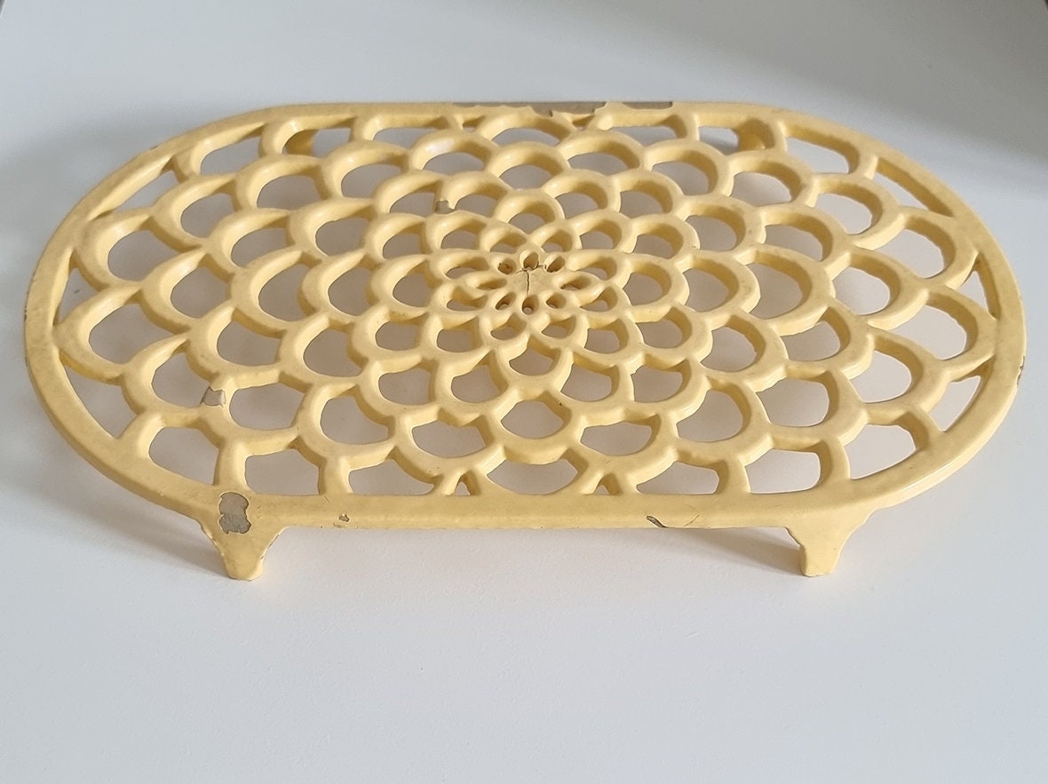 Vintage Pastel Yellow Oval Cast Iron Trivet