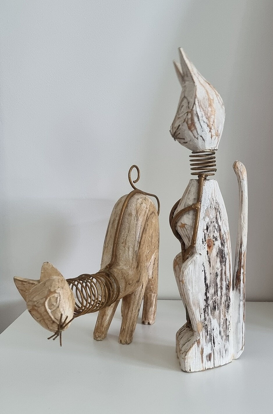 Pair Of Wooden Cat Figurines/Sculptures With Metal Spring Necks