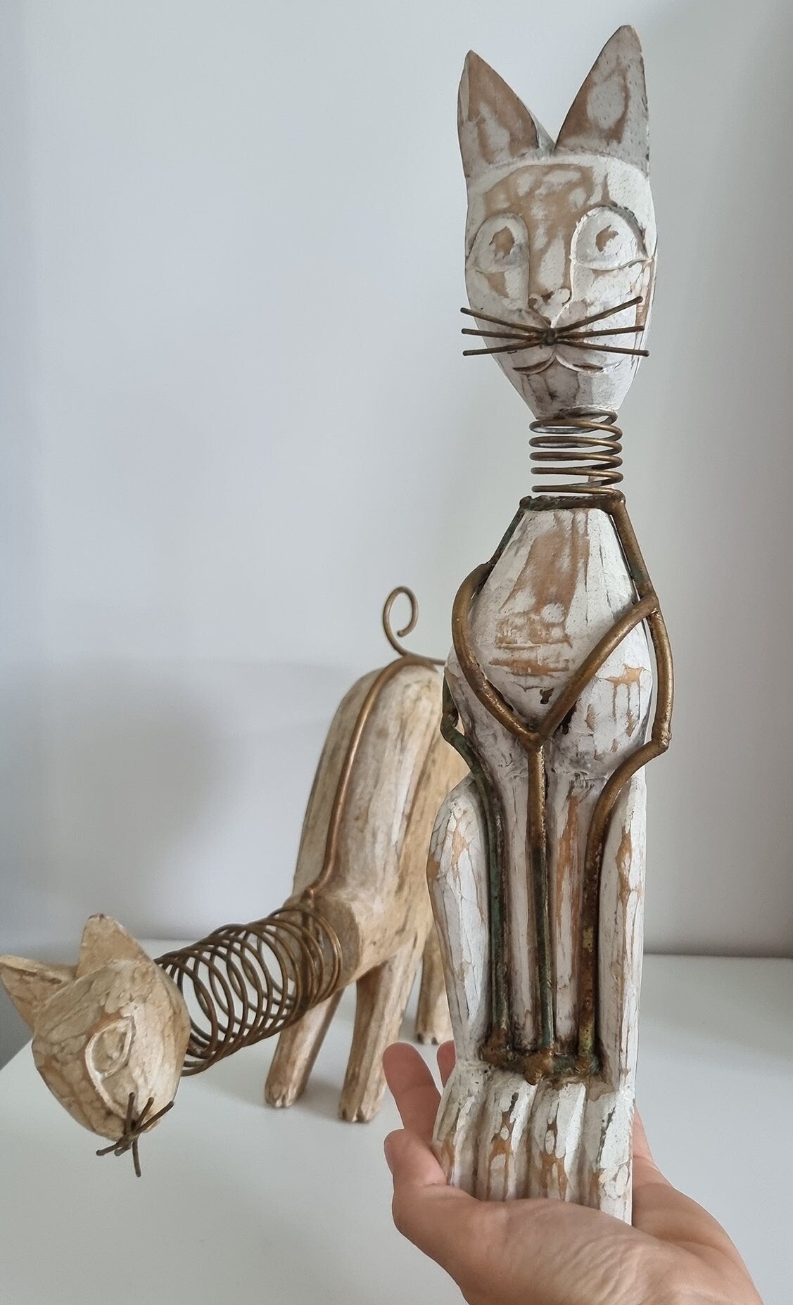 Pair Of Wooden Cat Figurines/Sculptures With Metal Spring Necks