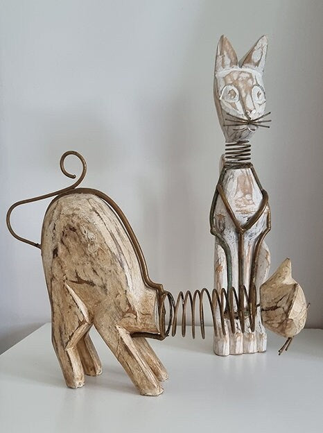 Pair Of Wooden Cat Figurines/Sculptures With Metal Spring Necks