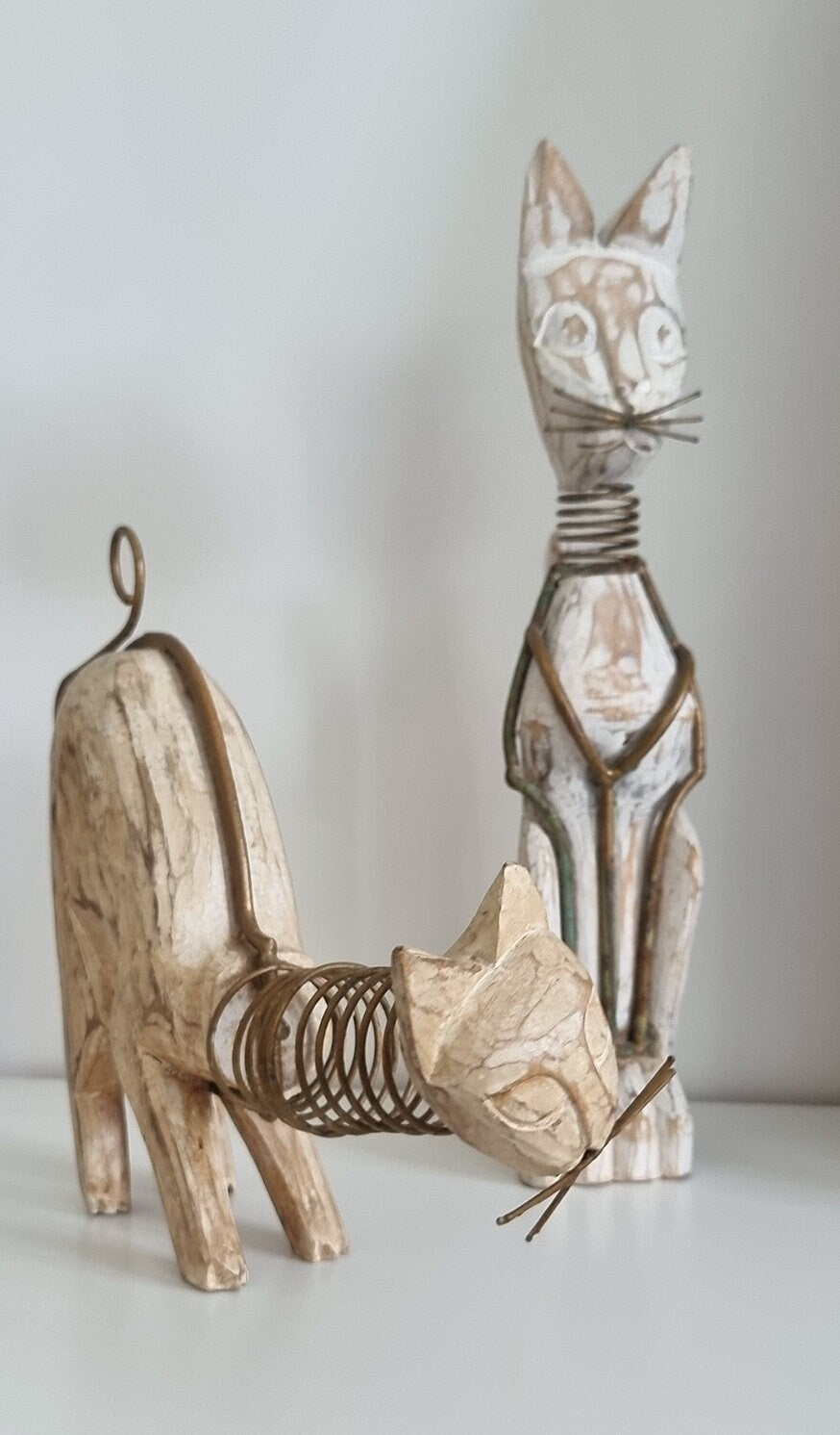 Pair Of Wooden Cat Figurines/Sculptures With Metal Spring Necks