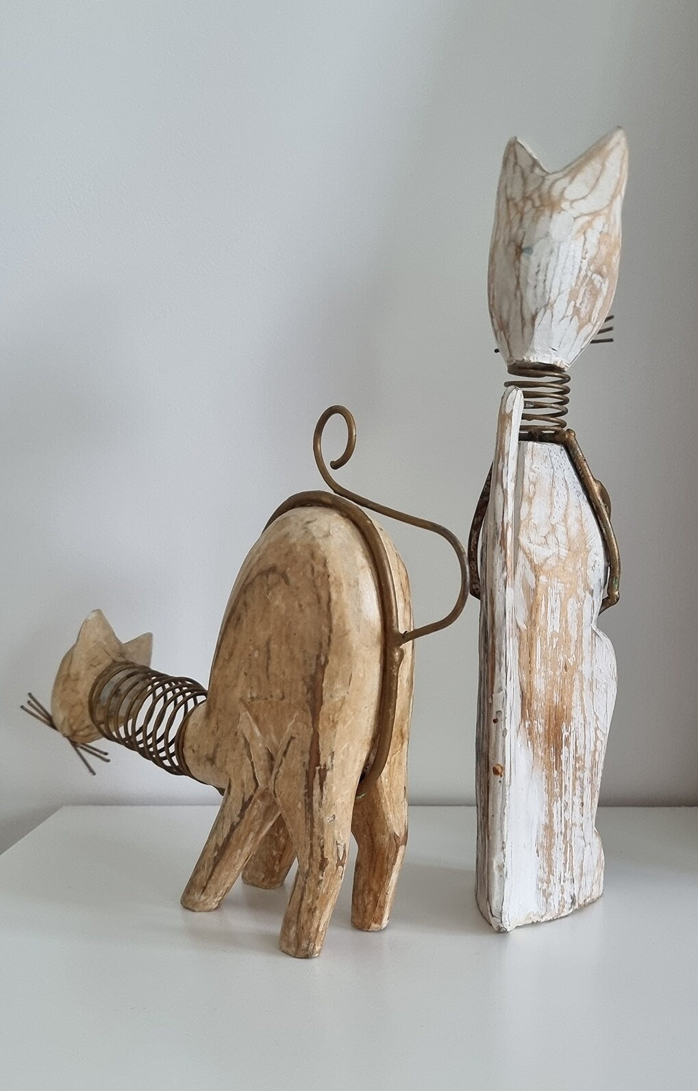 Pair Of Wooden Cat Figurines/Sculptures With Metal Spring Necks
