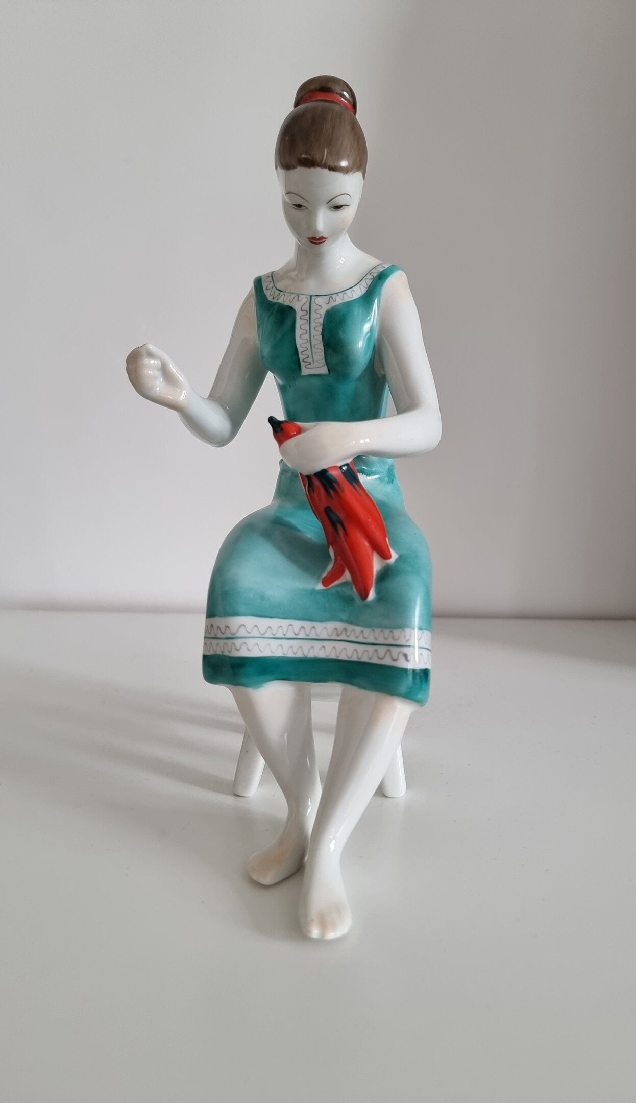 Vintage Hungarian Hollóháza Porcelain Figurine - Woman With Peppers