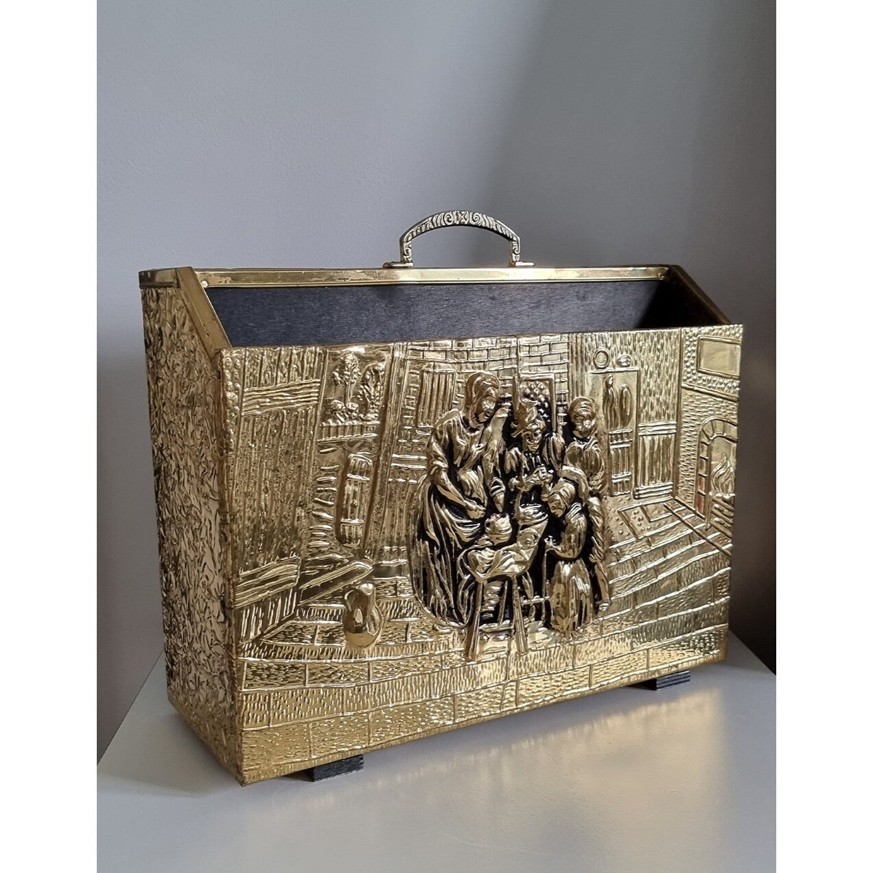 Vintage Hammered Brass & Wood Magazine/Newspaper Rack