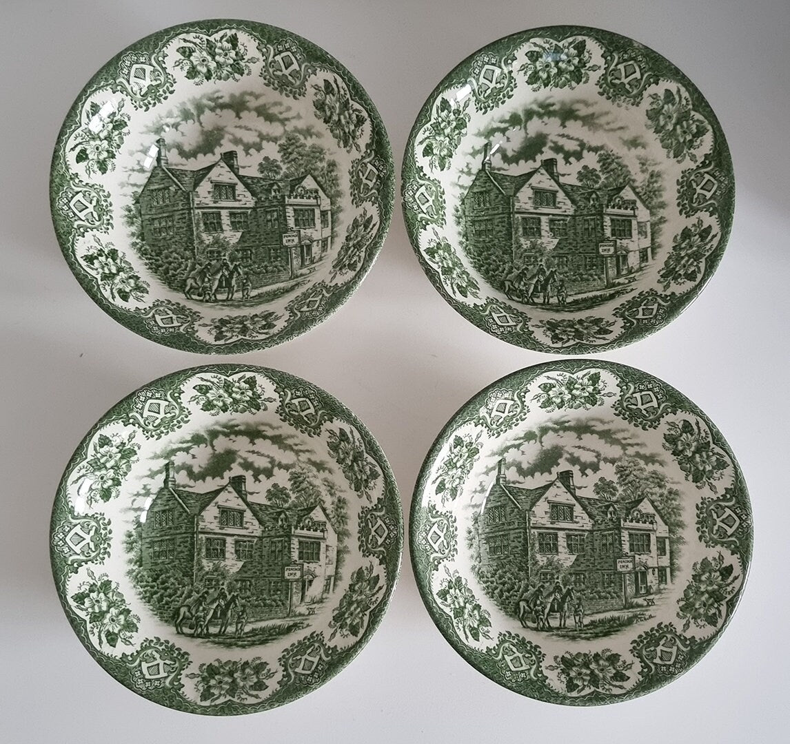 Vintage Green Transferware Soup/Cereal Bowls By English Ironstone Tableware, Staffordshire
